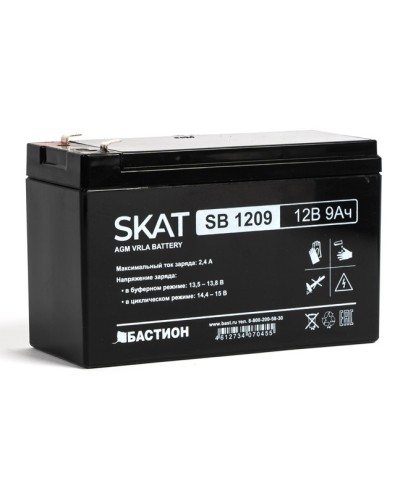 Бастион SKAT SB 1209 АКБ свинцово-кислотная тип AGM 12V 9Ач Iзар. 2,7 А, ножевые клеммы в Хабаровске Электротехническое оборудование Pintop.ru