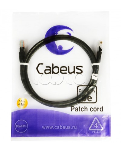 Патч-корд 2xRJ-45/8P8C U/UTP кат.5е (2 м) Cabeus PC-UTP-RJ45-CAT.5E-2M-BK в Хабаровске Патчкорды (медные) Pintop.ru