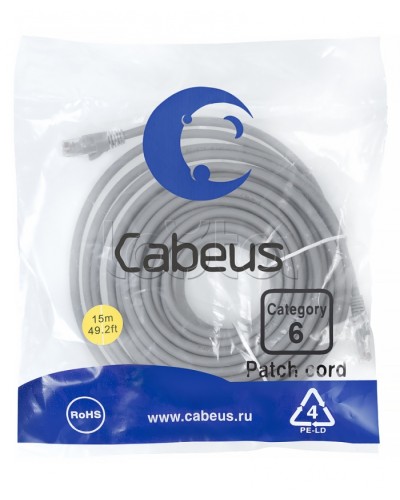 Патч-корд UTP, категория 6, 15 м, неэкранированный, серый Cabeus PC-UTP-RJ45-Cat.6-15m в Хабаровске Патчкорды (медные) Pintop.ru