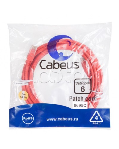 Патч-корд UTP, категория 6, 5 м, неэкранированный, красный Cabeus PC-UTP-RJ45-Cat.6-5m-RD в Хабаровске Патчкорды (медные) Pintop.ru